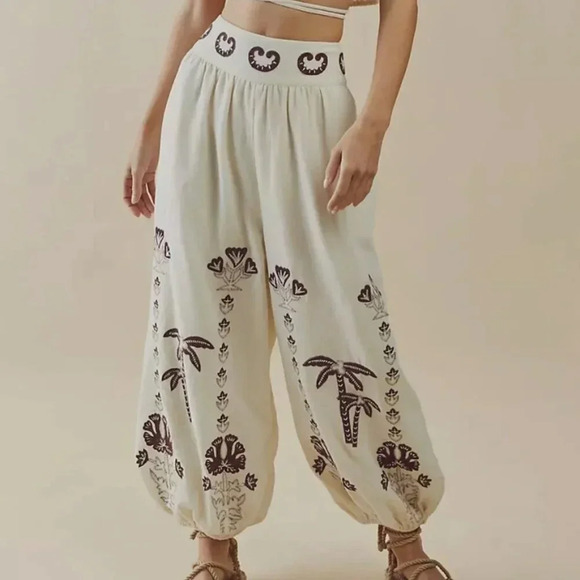 Free People Pants - Free People Kai Embroidered Pants Balloon Palm Tree High Waisted Ivory Brown